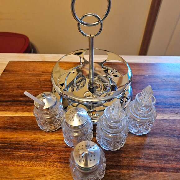 Vintage rotating cruet set rotating 5 pc metal/glass salt pepper oil/vinegar jam - Picture 4 of 9
